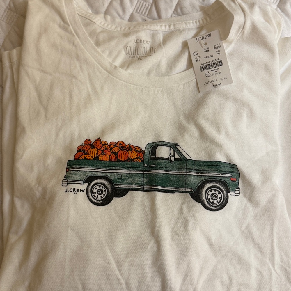 J.Crew White Tee with Green Truck and Orange Pumpkins